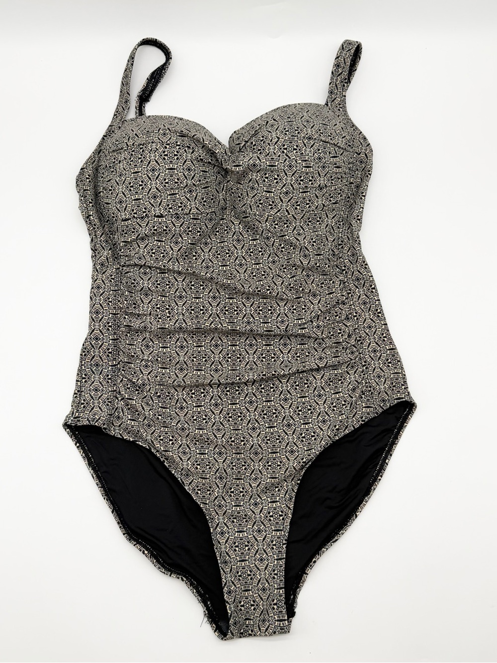 Nip Tuck Geometric One Piece Swimsuit Multi Fit Cups Ruched Padded Black Size 8